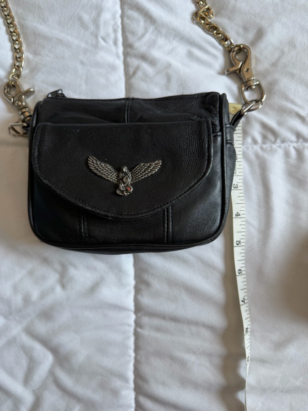 Vintage Y2K Black Faux Leather Crossbody Bag Silver Eagle Chain Strap - Picture 8 of 8